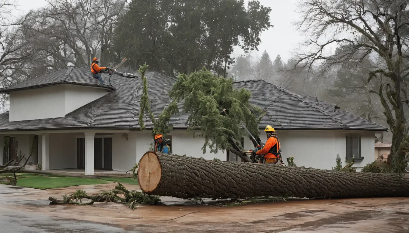 A local tree provider cutting a fallen tree off a stucco home roof in San Rafael after a storm