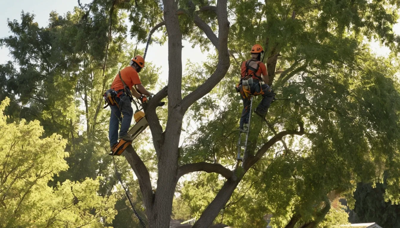 A tree removal provider cutting a large tree safely in a San Rafael backyard