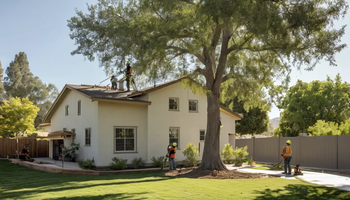 A local tree removal provider cutting down a large tree in a San Rafael backyard near a stucco ranch home